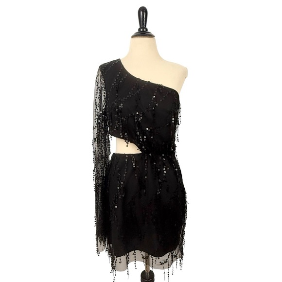 Lucy in the Sky Dresses & Skirts - LUCY IN THE SKY Black Sequin One Shoulder Mesh DRESS L HOCO Whimsigoth Vamp Sexy